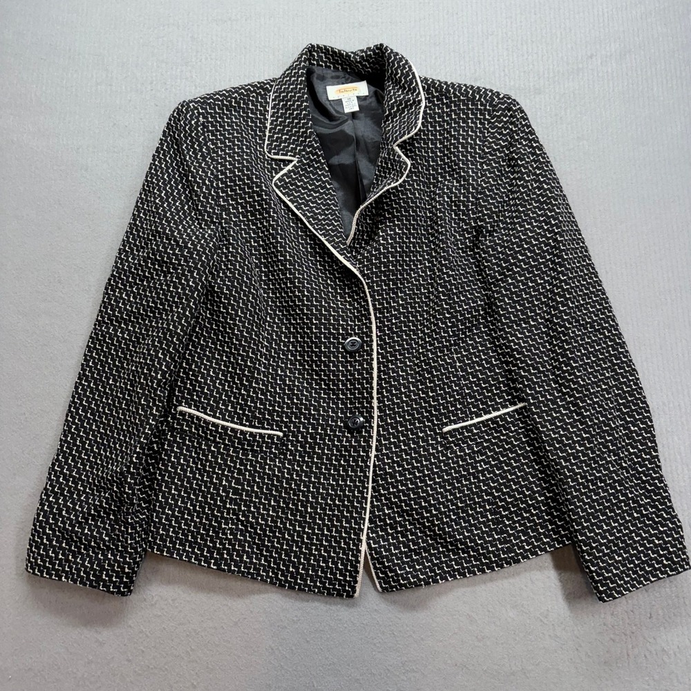 Talbots Blazer Womens 10P Black White Contrast Trim Textured Two Button Jacket